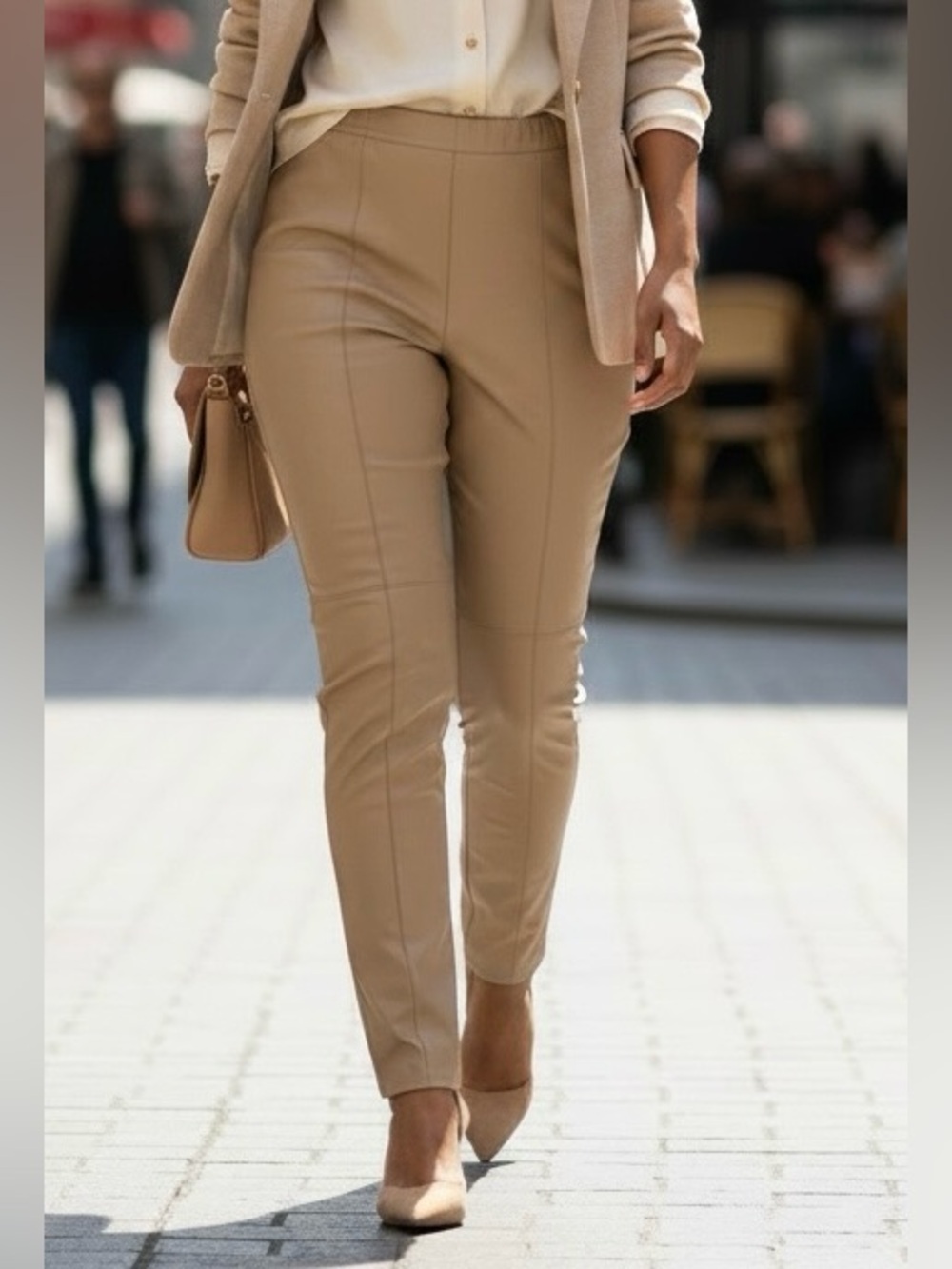 ZARA Faux Leather PU Pants Size 26 Beige Slim Leg